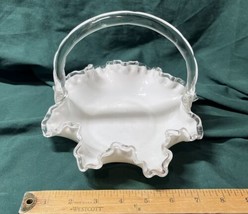 Vintage Milk Glass Basket with Clear Glass Rim &amp; Handle ~ 6 1/2&quot; T X 8&quot; D - £15.68 GBP