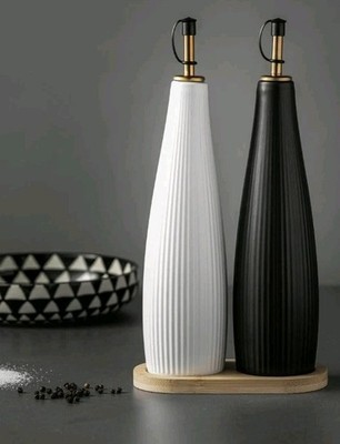 THYME & TABLE ~ Three (3) Piece Stoneware Oil & Vinegar Cruet Set Ribbed Design Item image 3