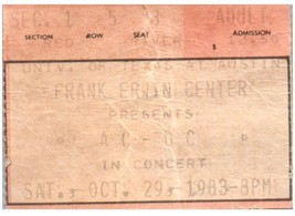 AC/Dc Ticket Stumpf Oktober 29 1983 Austin Texas - £41.99 GBP