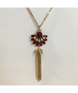 Red Pendant Flower Pedals Clear Rhinestones Necklace Gold Tone Metal Cha... - £26.33 GBP