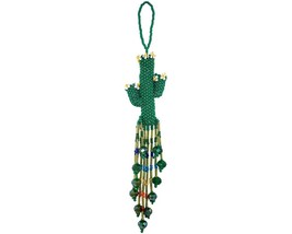 Green Floral Cactus Hanging Figurine Ornament Czech Glass Seed Bead Fringe Tail  - £15.76 GBP