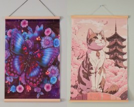 2 Japanese Art Print Wall Hanging Canvas Scroll Decor Butterfly &amp; Cat Lot - £38.70 GBP