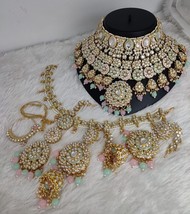 Bollywood Style Indian Gold Plated Kundan Necklace Head piece Ring Jewelry Set - £75.13 GBP