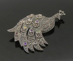 925 Silver - Vintage Peridot Amethyst &amp; Multi-Stone Peacock Brooch Pin - BP8730 - £91.23 GBP