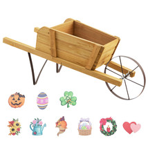 Wood Wheelbarrow Planter Decorative Flower Cart Pot Stand w/ Metal Wheel Walnut - £52.91 GBP