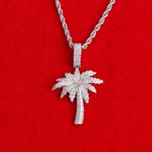 14K White Gold Plated 1Ct Round Cut Simulated Diamond Palm Tree Pendant Necklace - £119.63 GBP