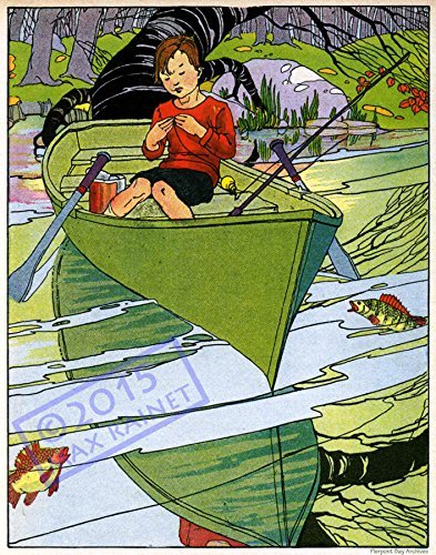 Boy in Canoe Fishing on Mystical River, Water Pond Landscape with Fish 1... - $57.66