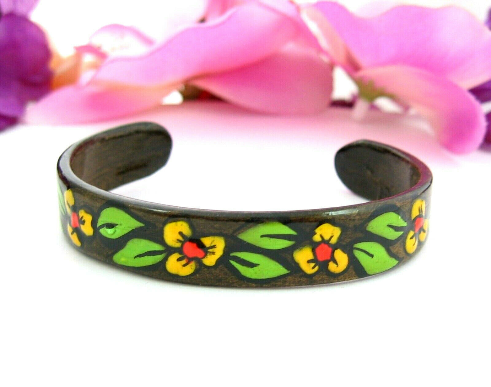 Primary image for Hand Painted WOOD CUFF BRACELET Vintage Yellow Flowers Green Leaf Floral Enamel
