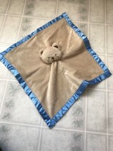 Security Blanket Baby Essentials Tan Teddy Bear Blue Satin Edged &amp; Backed Lovey  - $21.49