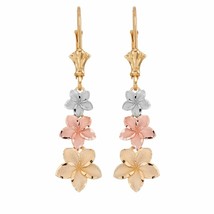 10k Solid Tri-color Gold Elegant Plumeria Flower Dangle Leverback Earrings - £172.56 GBP