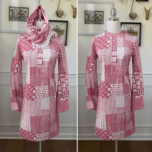 Vintage 70s Mauve Pink White Retro Print Shift Dress Scarf XS S - $44.64