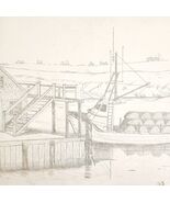 1960-70s Original Art Pencil Drawing Maine Harbor Boat OOAK Unsigned DWWW14 - $913.92 MXN