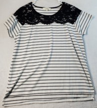 UMGEE T Shirt Top Womens Medium White Black Striped Lace Short Sleeve Round Neck - £11.05 GBP