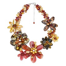 Autumn Beauty Flower Garden Orange Mixed Stone and Freshwater Pearl Bib Necklace - £52.54 GBP
