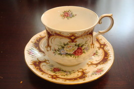Queen&#39;s England Cup and Saucer Rosina, blue stamp, dark red, flowers &amp; gold [83C - £34.79 GBP