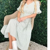 Gingham Check Print Summer Maxi Dress Green  Med - $38.61