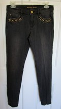 Michael Kors Black Leather &amp; Gold Metal Chain Skinny Jeans 2 - $49.47