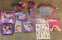 Lot of Dora the Explorer Kids Party Stickers Plates Cups Hats Tattoos Bags Set 8 - £22.05 GBP