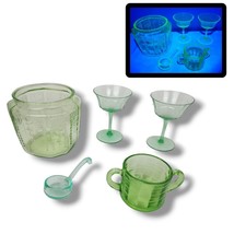 Uranium Glass Lot of 5 Pieces GLOWING Green Cookie Jar Coupe Ladle Sugar... - $39.61