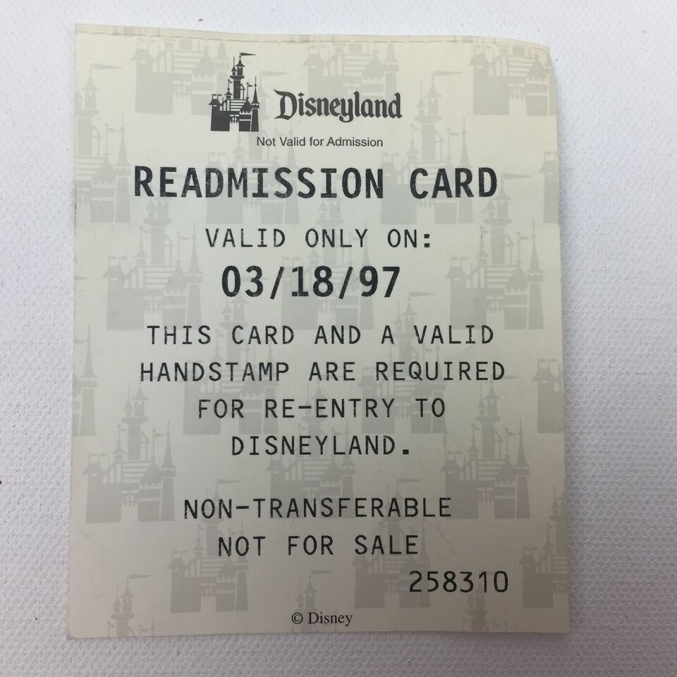 Vintage Disney Disneyland Readmission Card 258310 Valid 03/18/97 1997 Admission - $14.99