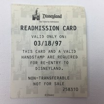 Vintage Disney Disneyland Readmission Card 258310 Valid 03/18/97 1997 Admission - $14.99