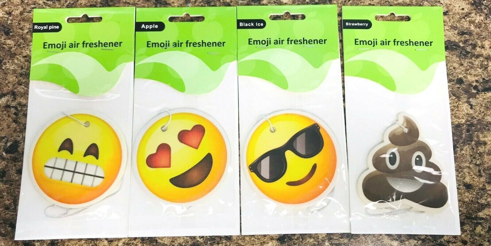 Emoji Car Air Fresheners 4~Pack ~Heart Eyes~Sunglass Smiley~Poop~Grimace Face - £7.59 GBP