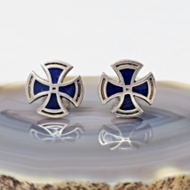 Vintage 925 Sterling Silver - Blue Enamel Maltese Cross Stud Earrings - £17.75 GBP