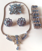 Vintage Blue &amp; Clear Rhinestone Necklace Bracelet Brooch &amp; Earrings - $185.63
