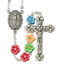 Multi Colored Flower Shape Prayer Bead Rosary with Miraculous Center, 21 Inch - £41.53 GBP