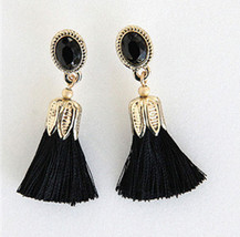 Tassel Earrings Black Gold Silk thread drop jewelry fringe duster black cz - £3.90 GBP