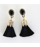 Tassel Earrings Black Gold Silk thread drop jewelry fringe duster black cz - £3.89 GBP