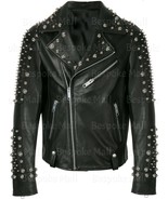 New Mens Classic Full Multi Silver Spiked Studded Biker Style Leather Ja... - $329.99