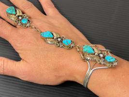 Sterling Silver Turquoise Stone Cuff Slave-Bracelet Navajo Artist Harry B Yazzie - £341.33 GBP