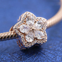 925 Sterling Silver &amp; Rose Gold Plated Sparkling Snowflake Pave Charm Bead - $15.66
