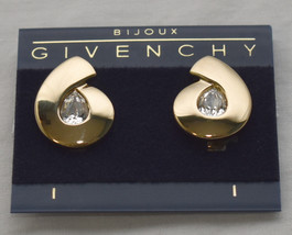 Vintage Givenchy Bijoux Paris Gold &amp; Crystal Logo G Clip-On Earrings Signed NOS - £50.78 GBP