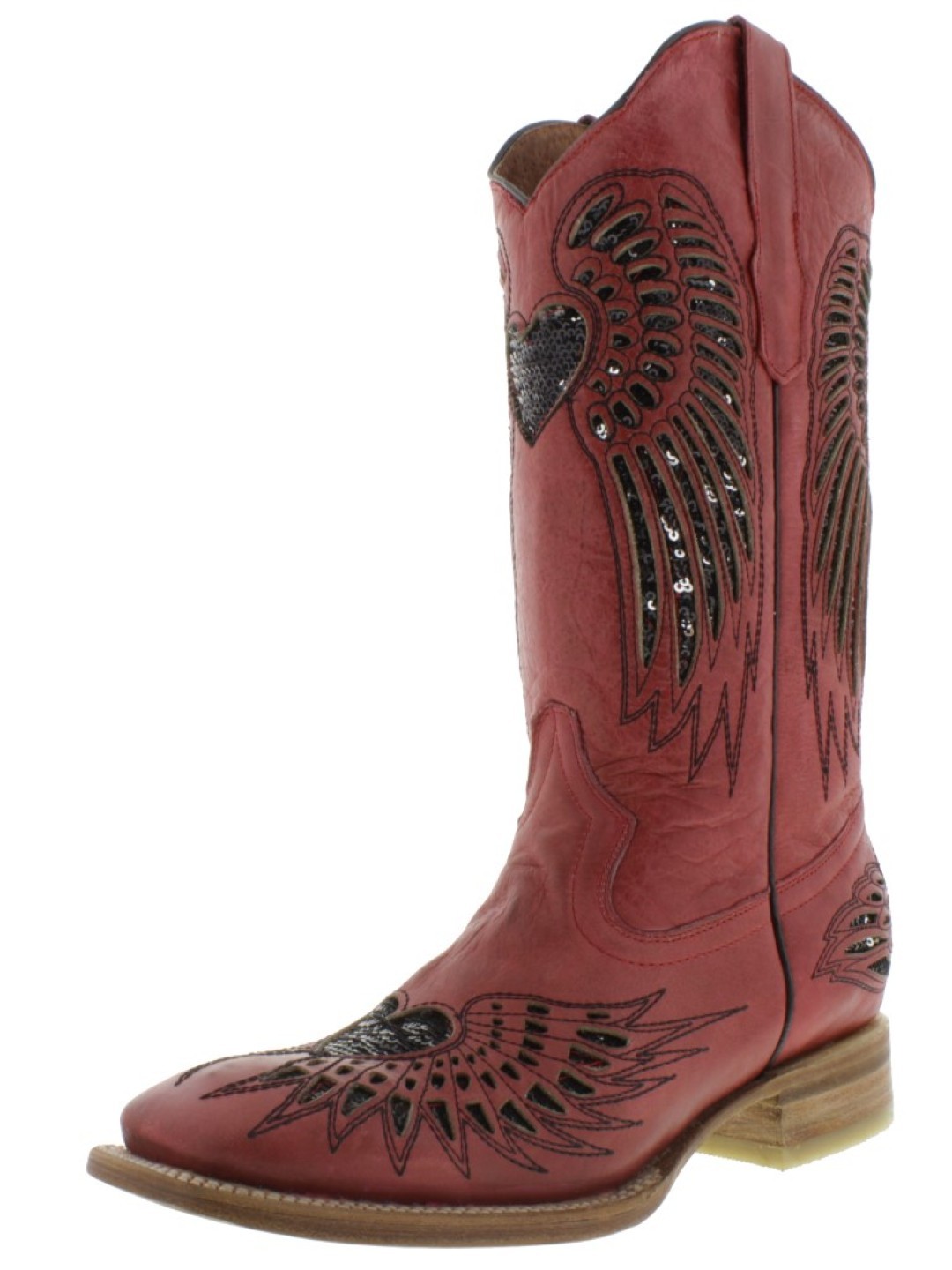 Womens Western Boots Cowboy Red Leather Black Sequins Heart Wings Size 5 - $76.82