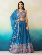 Blue base designer sleeveless blouse with lehenga and dupatta for festiv... - $60.00