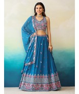 Blue base designer sleeveless blouse with lehenga and dupatta for festiv... - $60.00