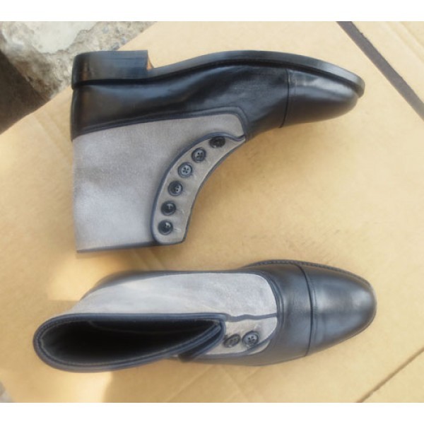 Men Two Tone Black Gray Chelsea Cap Toe Suede Leather Ankle Buttons Boot US 7-16