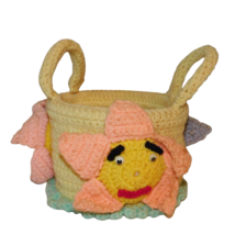 Vintage Crocheted Basket w 3 Adorable Flower Faces 7&quot; diameter Easter - £22.13 GBP
