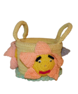 Vintage Crocheted Basket w 3 Adorable Flower Faces 7&quot; diameter Easter - £21.83 GBP