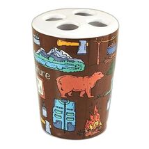 Campsite Toothbrush Holder Fishing Tent Camper Bears Brown Ceramic Gift NEW - $14.97
