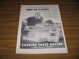 1956 Print Ad Lucky Strike Cigarettes Man Smokes in Fishing Boat, Outboa... - £8.64 GBP