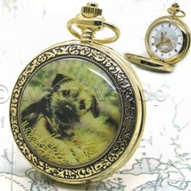 Pocket Watch 14K Gold Plated BORDER TERRIER Dog Design for Men with Chain C52 - £20.39 GBP