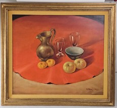 Oil On Canvas Varani Still Life 1970 40 x 36 Fruit Bowl Pitcher Orange - £213.88 GBP