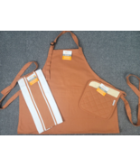 MU Kitchen Cotton Caramel Brown Solid Bib Apron Potholder &amp; Tea Towel Gi... - $29.67