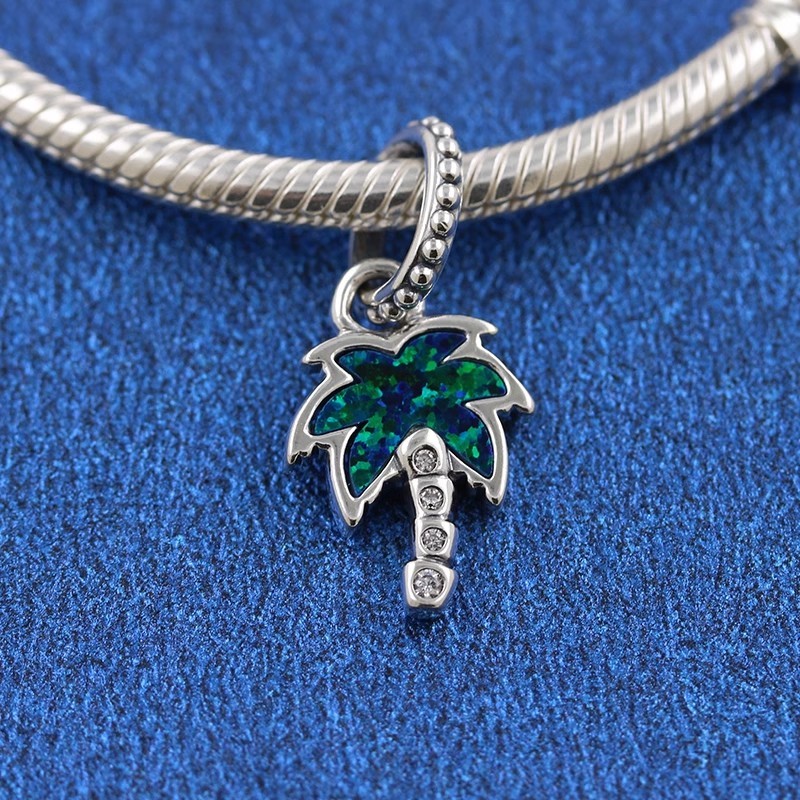 925 Sterling Silver Opalescent Green Palm Tree Dangle Charm 793352C01