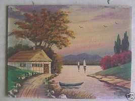 Vintage Painting on Board German Cottage on Lake SIGNED - £97.03 GBP