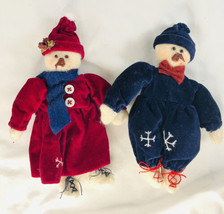 Vintage velvet Stuffed Fabric Christmas Ornaments 7&quot; Snowmen Lot of 2  - £15.81 GBP