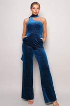 Women&#39;s Teal Scarf Top Glitter Velvet Jumpsuit (M) - $61.38